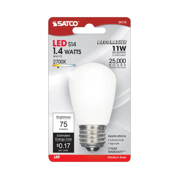 1.4 Watt LED - S14 - White - 2700K - Medium base - 120 Volt - Carded - Image 3