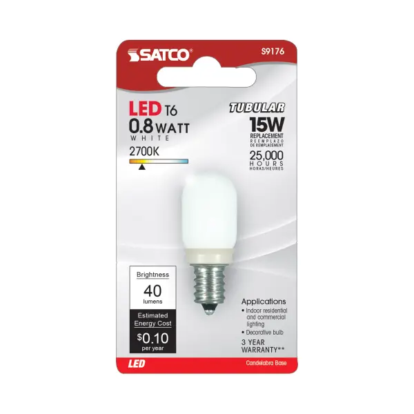 0.8 Watt LED - T6 - Frost - 2700K - Candelabra base - 120 Volt - Carded - Image 4