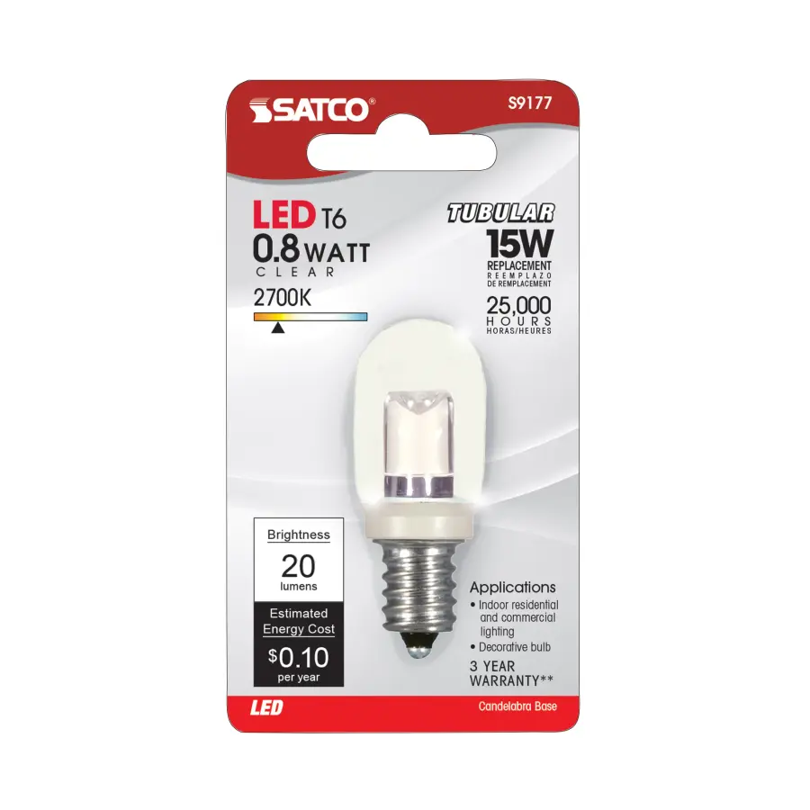 0.8 Watt LED - T6 - Clear - 2700K - Candelabra base - 120 Volt - Carded - Image 3