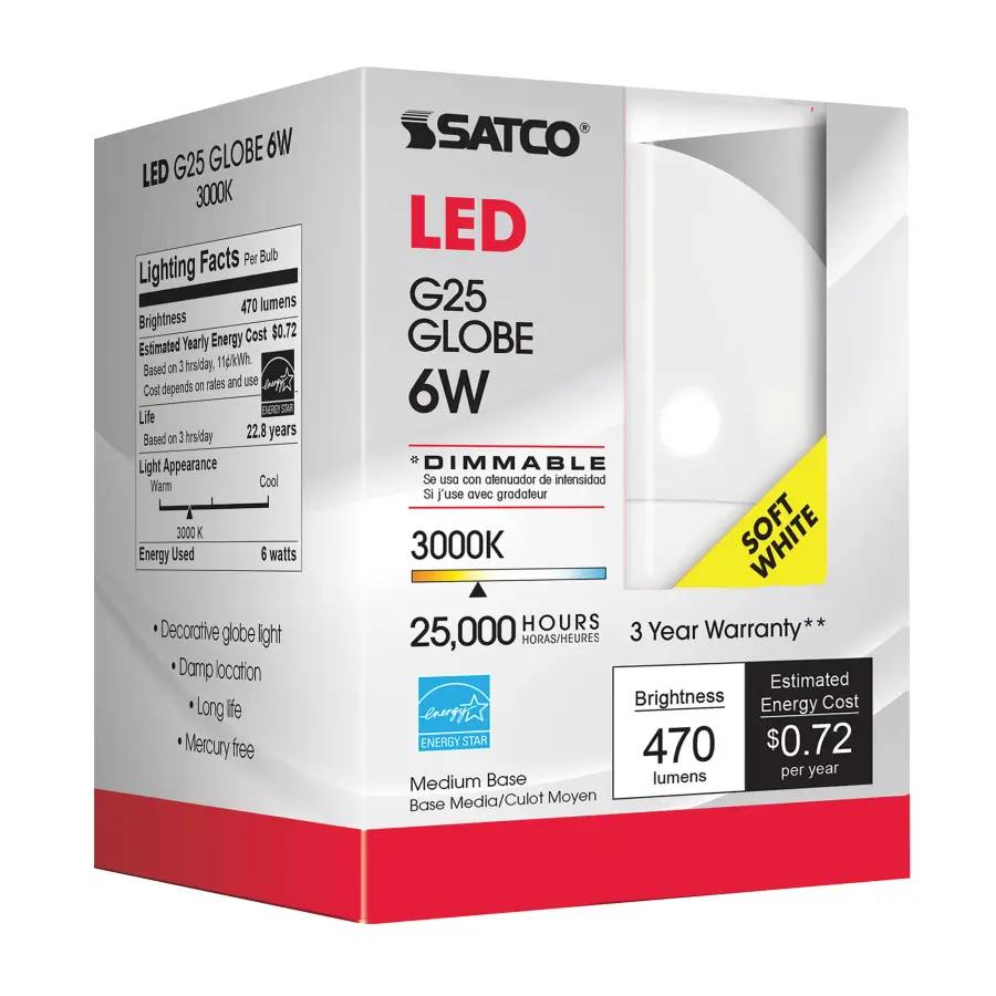 6 Watt - G25 Globe LED - 3000K - Medium base - 120 Volt - Image 6