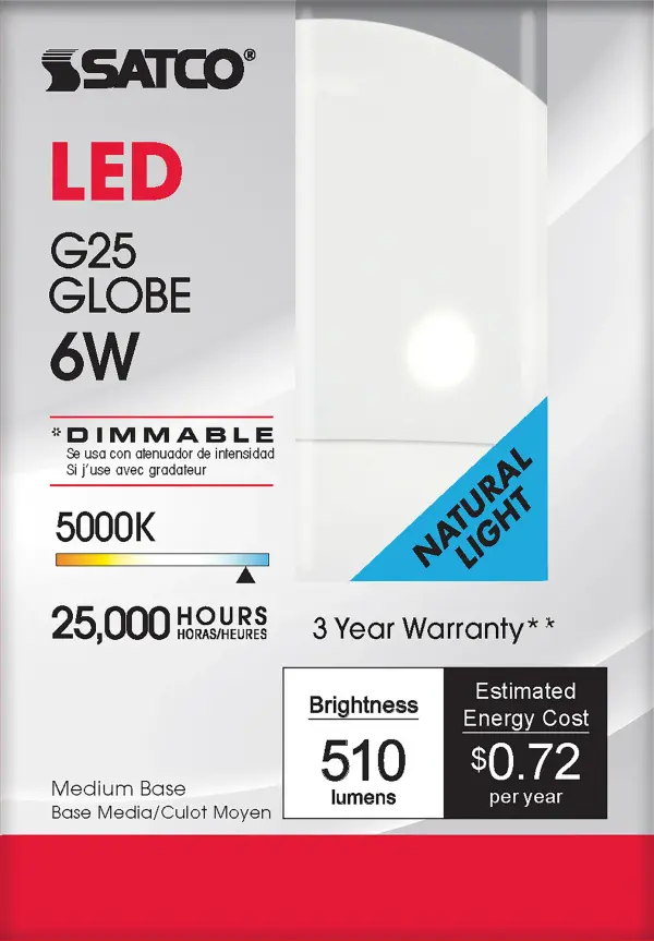 6 Watt - G25 Globe LED - 5000K - Medium base - 120 Volt - Image 3