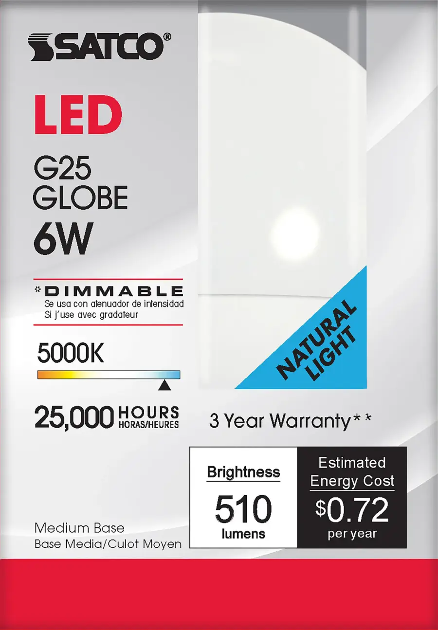 6 Watt - G25 Globe LED - 5000K - Medium base - 120 Volt - Image 3