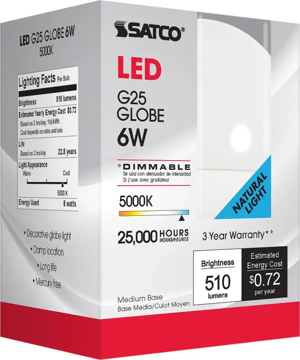 6 Watt - G25 Globe LED - 5000K - Medium base - 120 Volt - Image 4