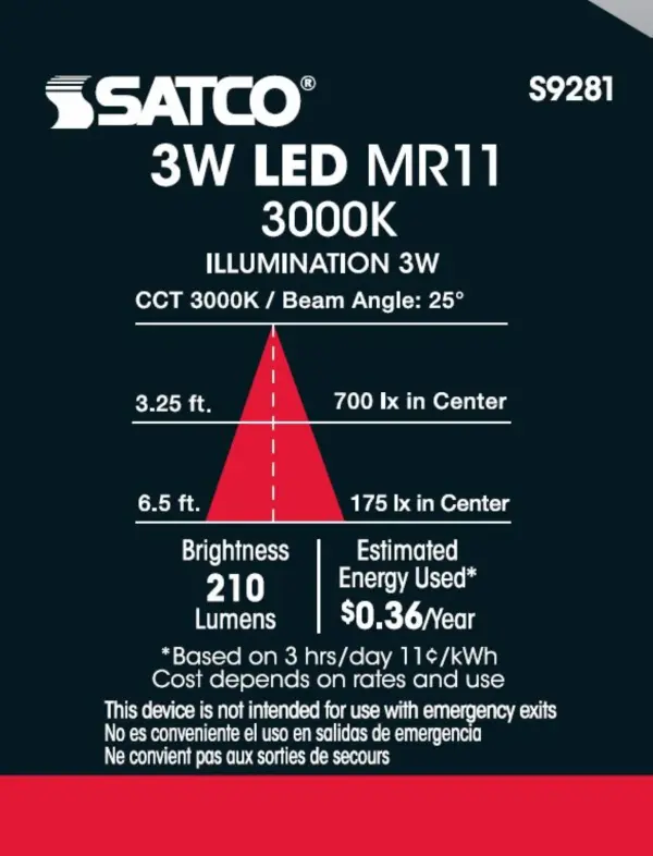3W - LED - MR11 - 3000K - 25 deg. beam spread - 25000 Average rated hours - 210 Lumens - GU4 base - 12 Volt AC/DC - Image 5