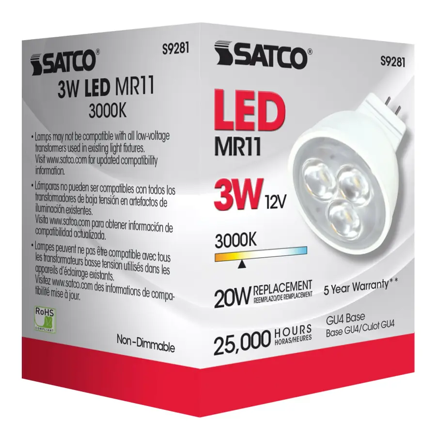 3W - LED - MR11 - 3000K - 25 deg. beam spread - 25000 Average rated hours - 210 Lumens - GU4 base - 12 Volt AC/DC - Image 7