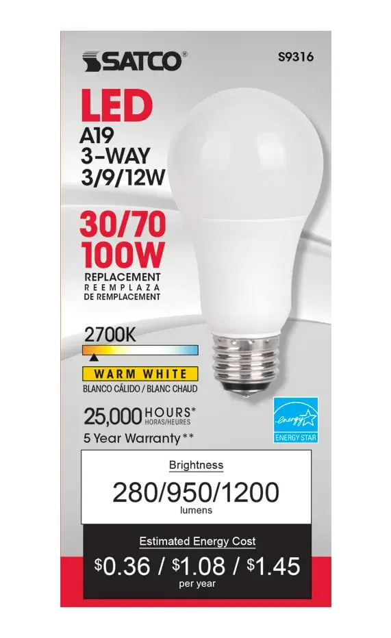 3 Watt/9 Watt/12 Watt - A19 LED - 3-way - Frosted - 2700K - Medium base - 220 deg. Beam Angle - 120 Volt - alternate view