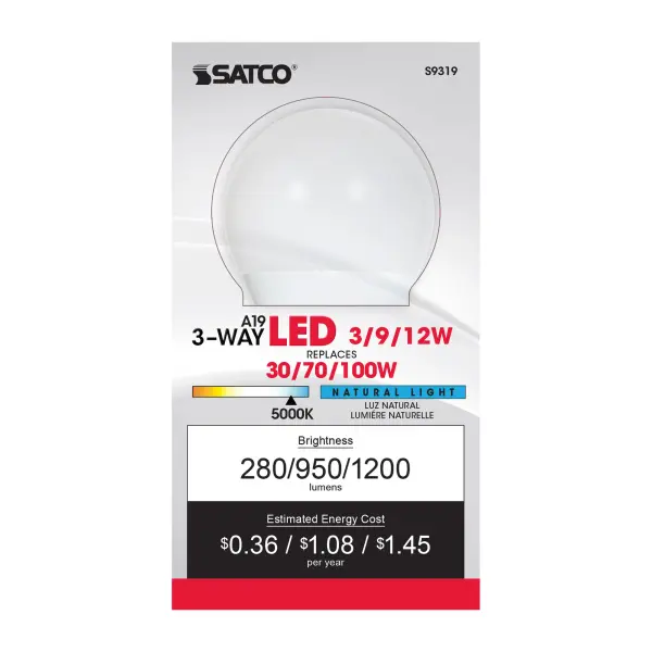 3 Watt/9 Watt/12 Watt - A19 LED - 3-way - Frosted - 5000K - Medium base - 220 deg. Beam Angle - 120 Volt - Image 3