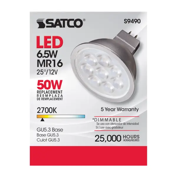 6.5 Watt - LED MR16 LED - 2700K - 25 deg. Beam Angle - GU5.3 base - 12 Volt AC/DC - Image 3