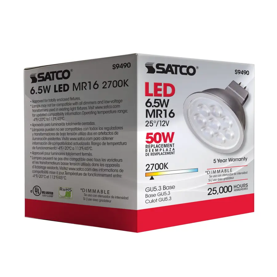 6.5 Watt - LED MR16 LED - 2700K - 25 deg. Beam Angle - GU5.3 base - 12 Volt AC/DC - Image 8