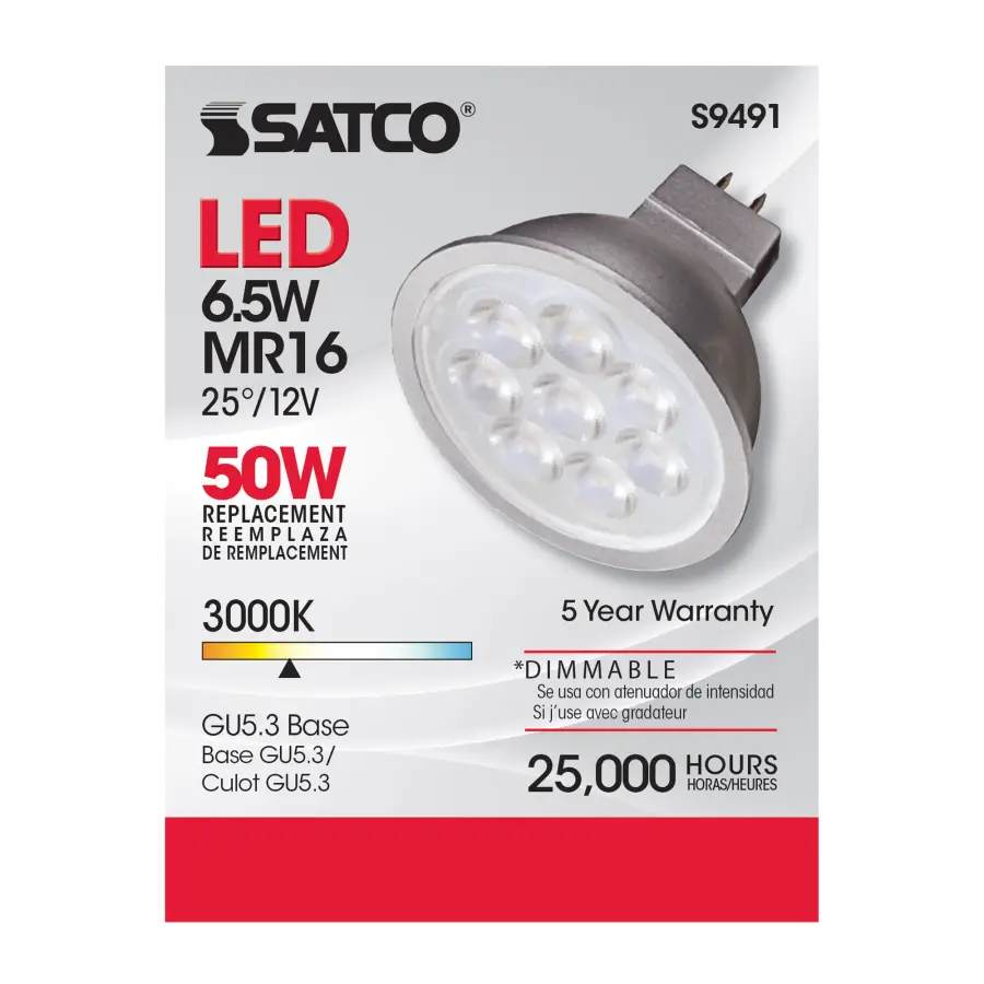 6.5 Watt - LED MR16 LED - 3000K - 25 deg. Beam Angle - GU5.3 base - 12 Volt AC/DC - Image 2