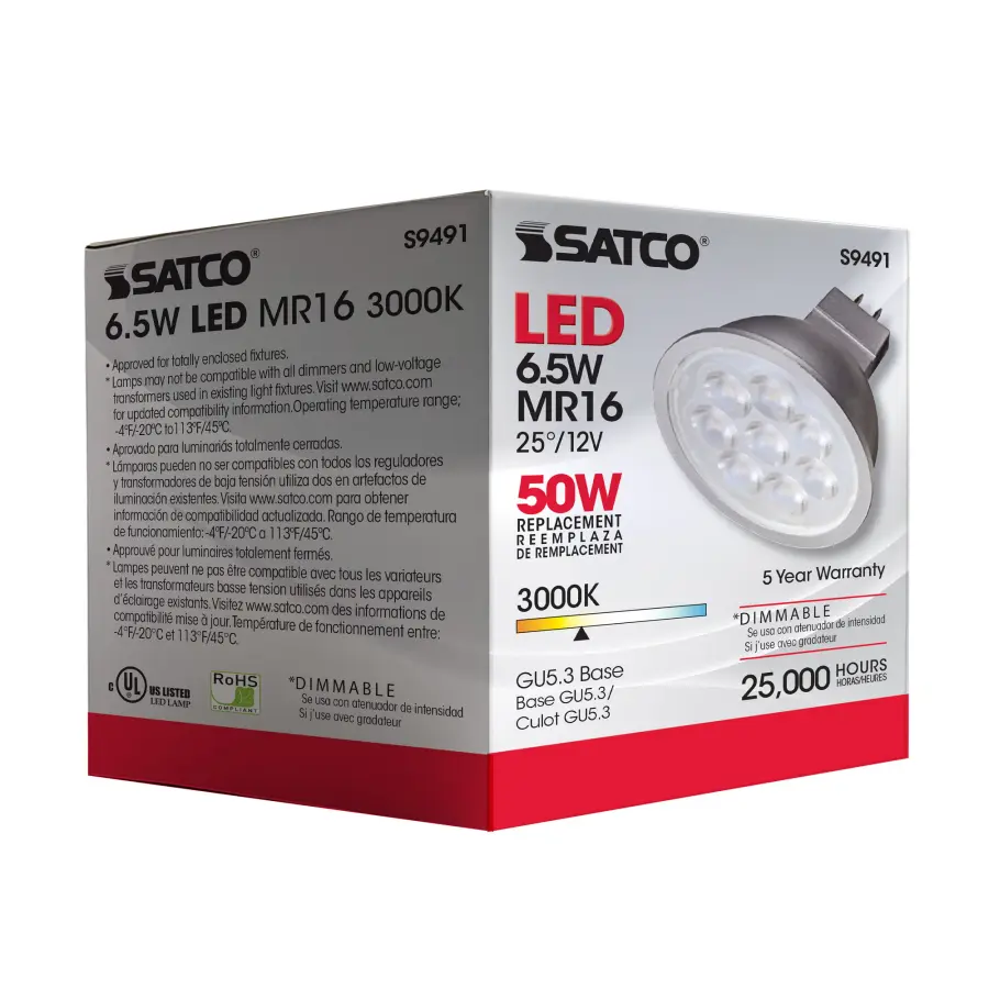 6.5 Watt - LED MR16 LED - 3000K - 25 deg. Beam Angle - GU5.3 base - 12 Volt AC/DC - Image 6