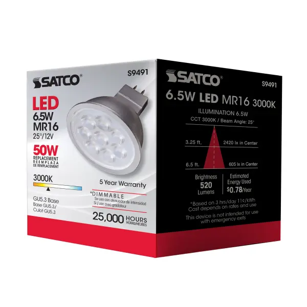 6.5 Watt - LED MR16 LED - 3000K - 25 deg. Beam Angle - GU5.3 base - 12 Volt AC/DC - Image 7