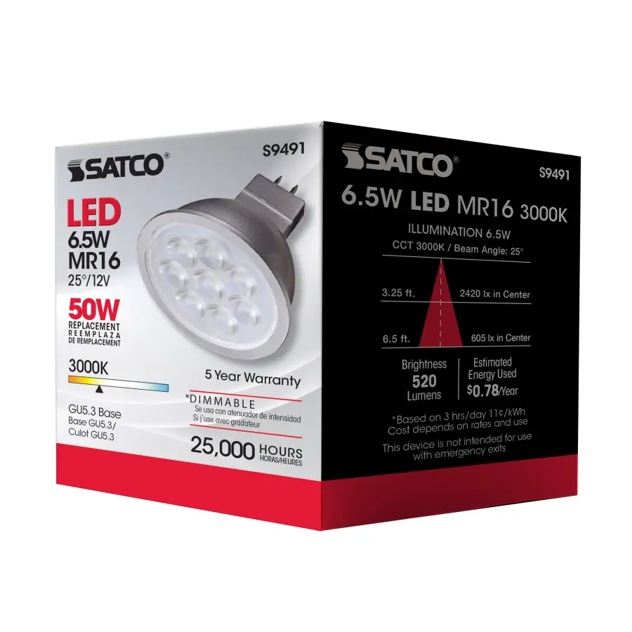 6.5 Watt - LED MR16 LED - 3000K - 25 deg. Beam Angle - GU5.3 base - 12 Volt AC/DC - Image 7