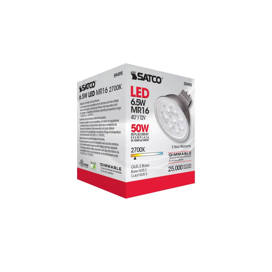6.5 Watt - LED MR16 LED - 2700K - 40 deg. Beam Angle - GU5.3 base - 12 Volt AC/DC - Image 6