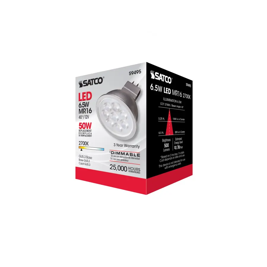 6.5 Watt - LED MR16 LED - 2700K - 40 deg. Beam Angle - GU5.3 base - 12 Volt AC/DC - Image 7