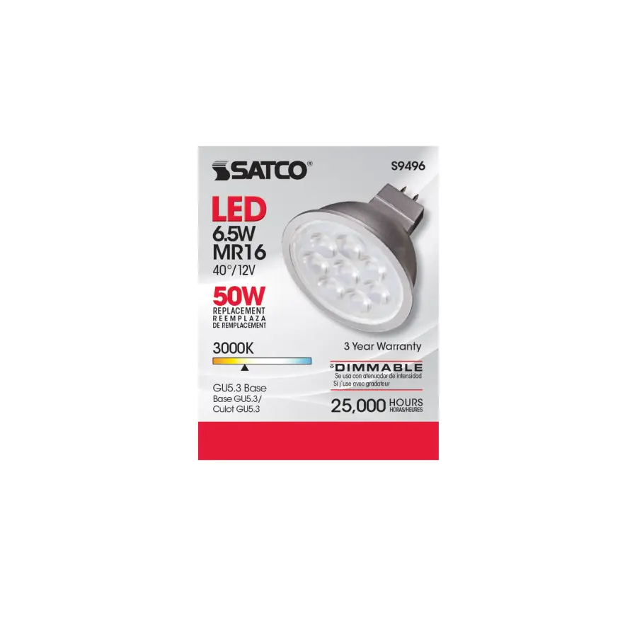 6.5 Watt - LED MR16 LED - 3000K - 40 deg. Beam Angle - GU5.3 base - 12 Volt AC/DC - Image 2