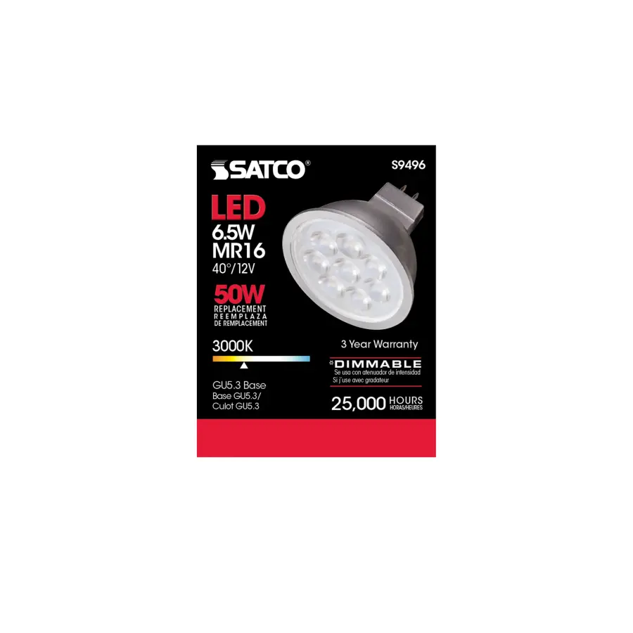 6.5 Watt - LED MR16 LED - 3000K - 40 deg. Beam Angle - GU5.3 base - 12 Volt AC/DC - Image 3