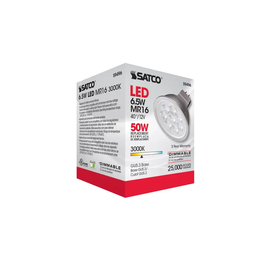 6.5 Watt - LED MR16 LED - 3000K - 40 deg. Beam Angle - GU5.3 base - 12 Volt AC/DC - Image 6
