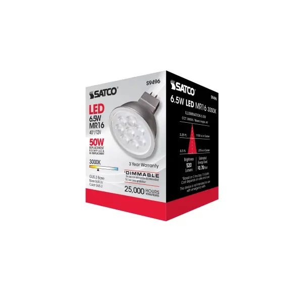 6.5 Watt - LED MR16 LED - 3000K - 40 deg. Beam Angle - GU5.3 base - 12 Volt AC/DC - Image 7
