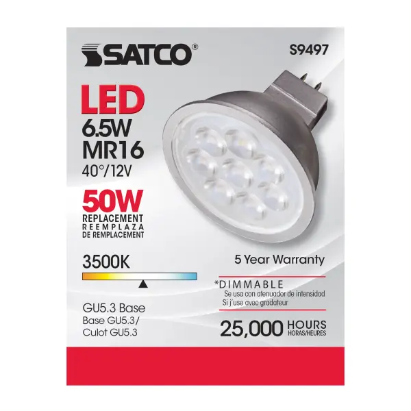 6.5 Watt - LED MR16 LED - 3500K - 40 deg. Beam Angle - GU5.3 base - 12 Volt AC/DC - alternate view