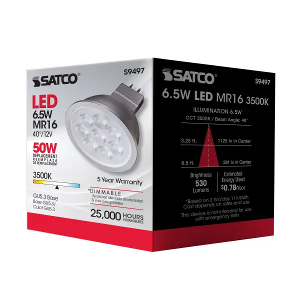 6.5 Watt - LED MR16 LED - 3500K - 40 deg. Beam Angle - GU5.3 base - 12 Volt AC/DC - Image 8