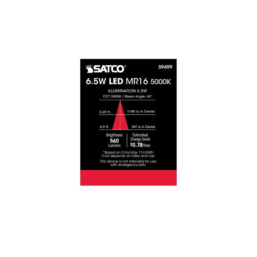 6.5 Watt - LED MR16 LED - 5000K - 40 deg. Beam Angle - GU5.3 base - 12 Volt AC/DC - Image 4