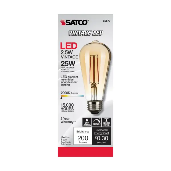 2.5 Watt ST19 LED Filament - Transparent Amber - Medium base - 2000K - 220 Lumens - 120 Volt - Image 3