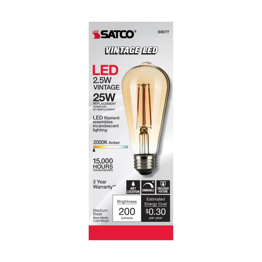 2.5 Watt ST19 LED Filament - Transparent Amber - Medium base - 2000K - 220 Lumens - 120 Volt - Image 3