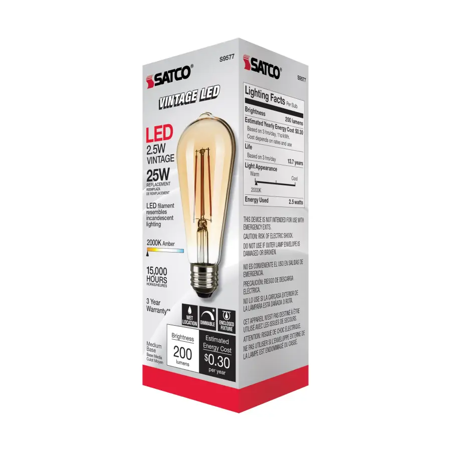 2.5 Watt ST19 LED Filament - Transparent Amber - Medium base - 2000K - 220 Lumens - 120 Volt - Image 7