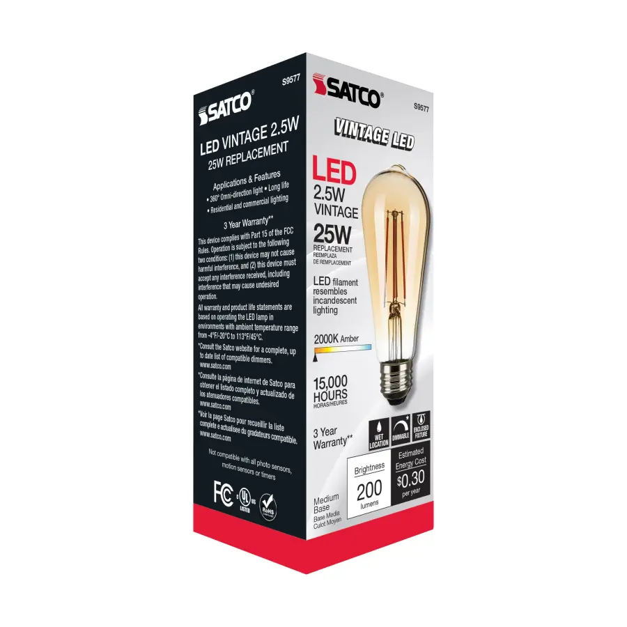 2.5 Watt ST19 LED Filament - Transparent Amber - Medium base - 2000K - 220 Lumens - 120 Volt - Image 8