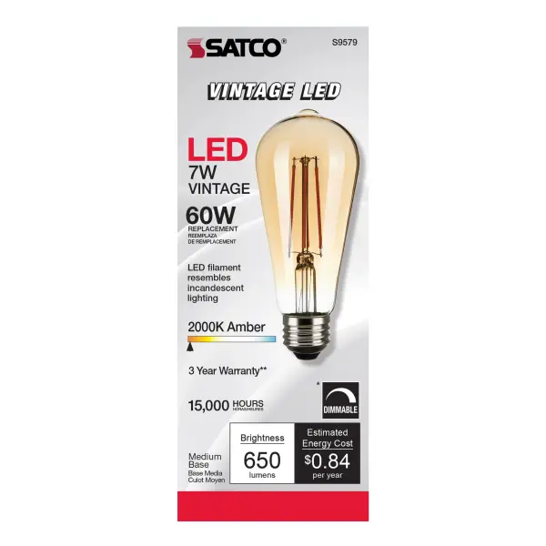 7 Watt ST19 LED Filament - Transparent Amber - Medium base - 2000K - 650 Lumens - 120 Volt - Image 3