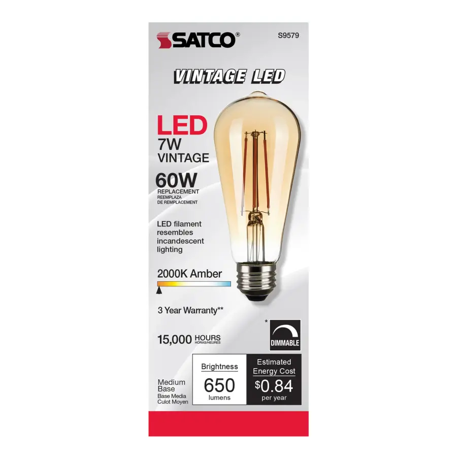 7 Watt ST19 LED Filament - Transparent Amber - Medium base - 2000K - 650 Lumens - 120 Volt - Image 3
