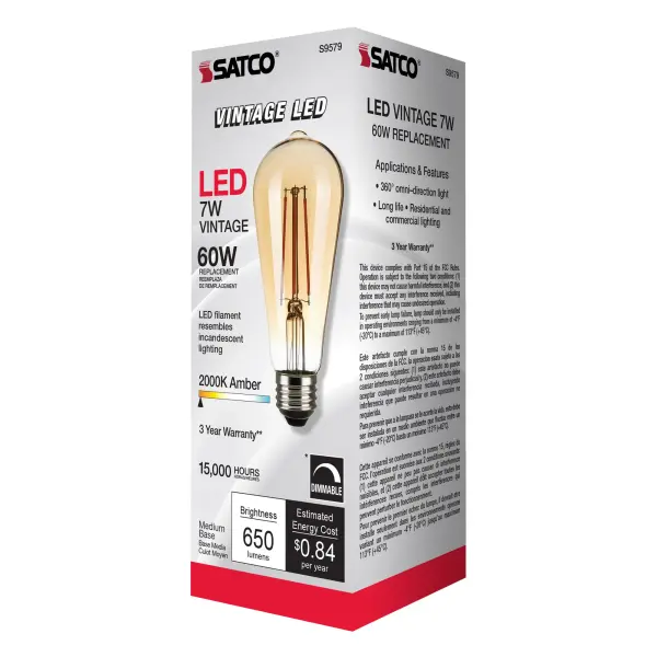 7 Watt ST19 LED Filament - Transparent Amber - Medium base - 2000K - 650 Lumens - 120 Volt - Image 7