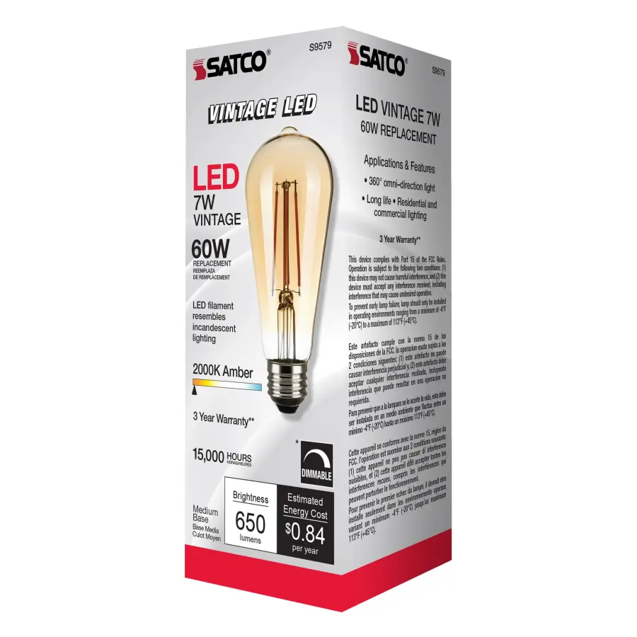 7 Watt ST19 LED Filament - Transparent Amber - Medium base - 2000K - 650 Lumens - 120 Volt - Image 7