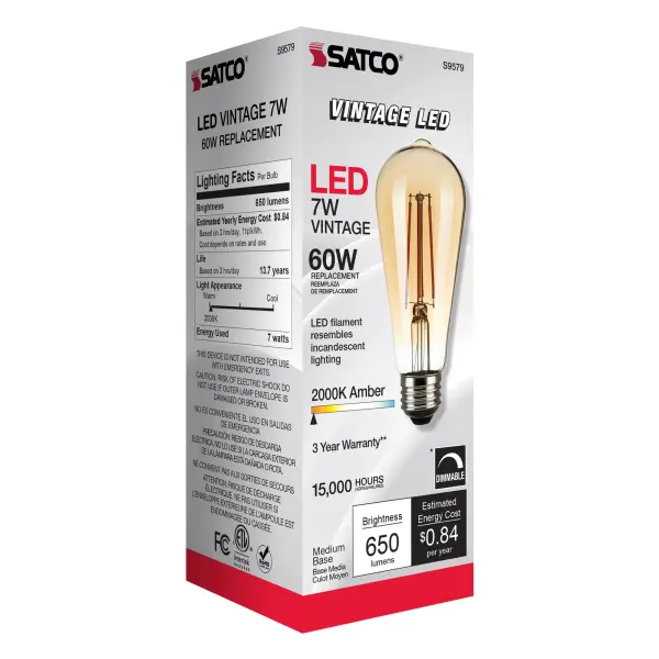 7 Watt ST19 LED Filament - Transparent Amber - Medium base - 2000K - 650 Lumens - 120 Volt - Image 8