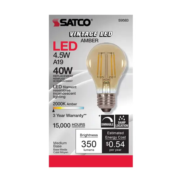 4.5 Watt A19 LED Filament - Amber - Medium base - 2000K - 350 Lumens - 120 Volt - Image 4