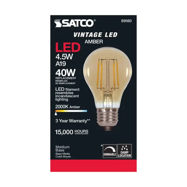 4.5 Watt A19 LED Filament - Amber - Medium base - 2000K - 350 Lumens - 120 Volt - Image 5