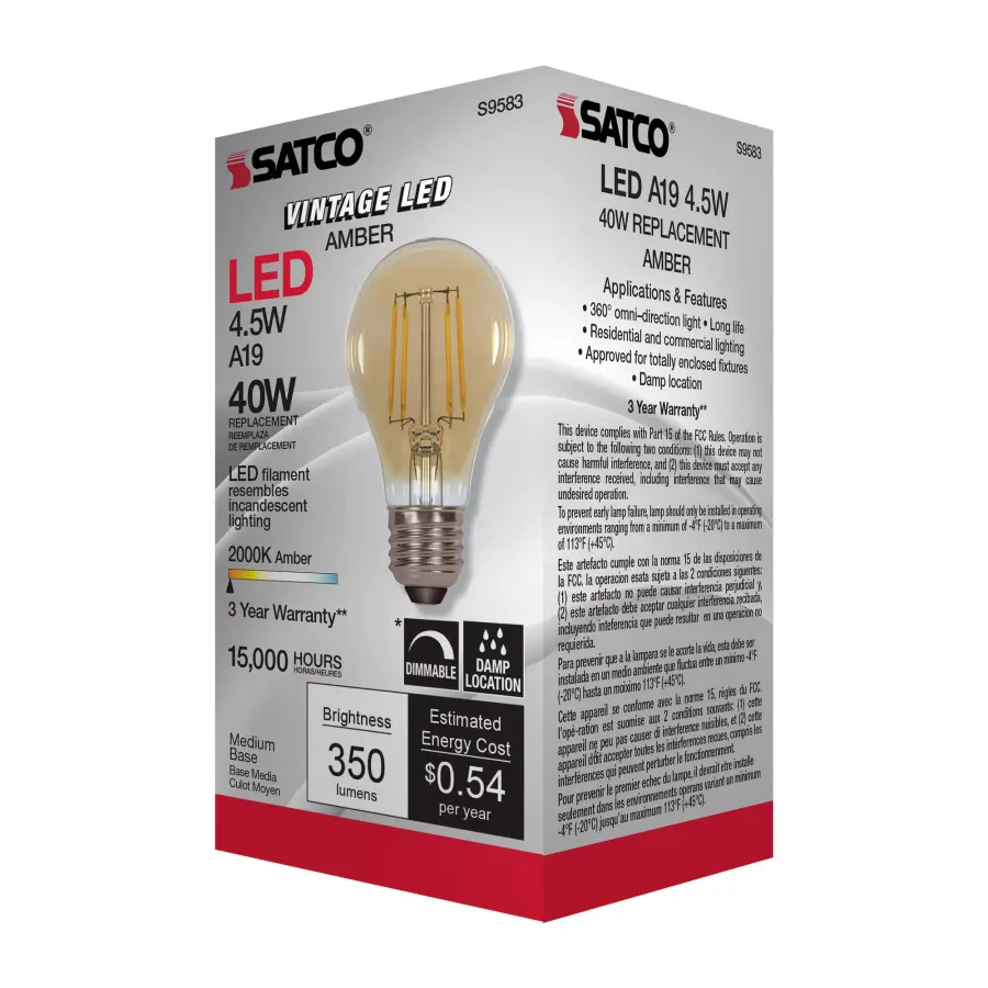 4.5 Watt A19 LED Filament - Amber - Medium base - 2000K - 350 Lumens - 120 Volt - Image 8