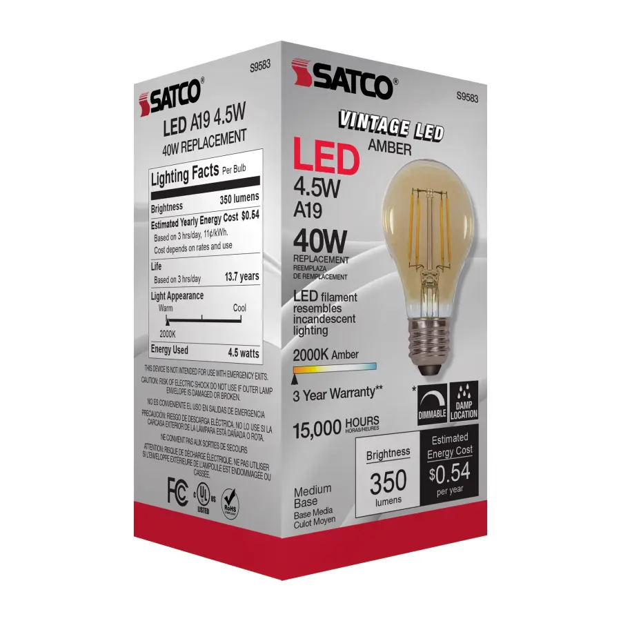 4.5 Watt A19 LED Filament - Amber - Medium base - 2000K - 350 Lumens - 120 Volt - Image 9