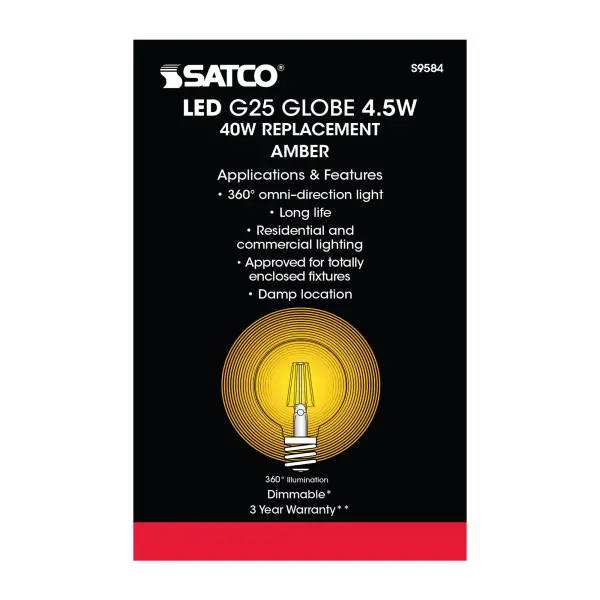 4.5 Watt G25 LED Filament - Amber - Medium base - 2000K - 380 Lumens - 120 Volt - Image 6