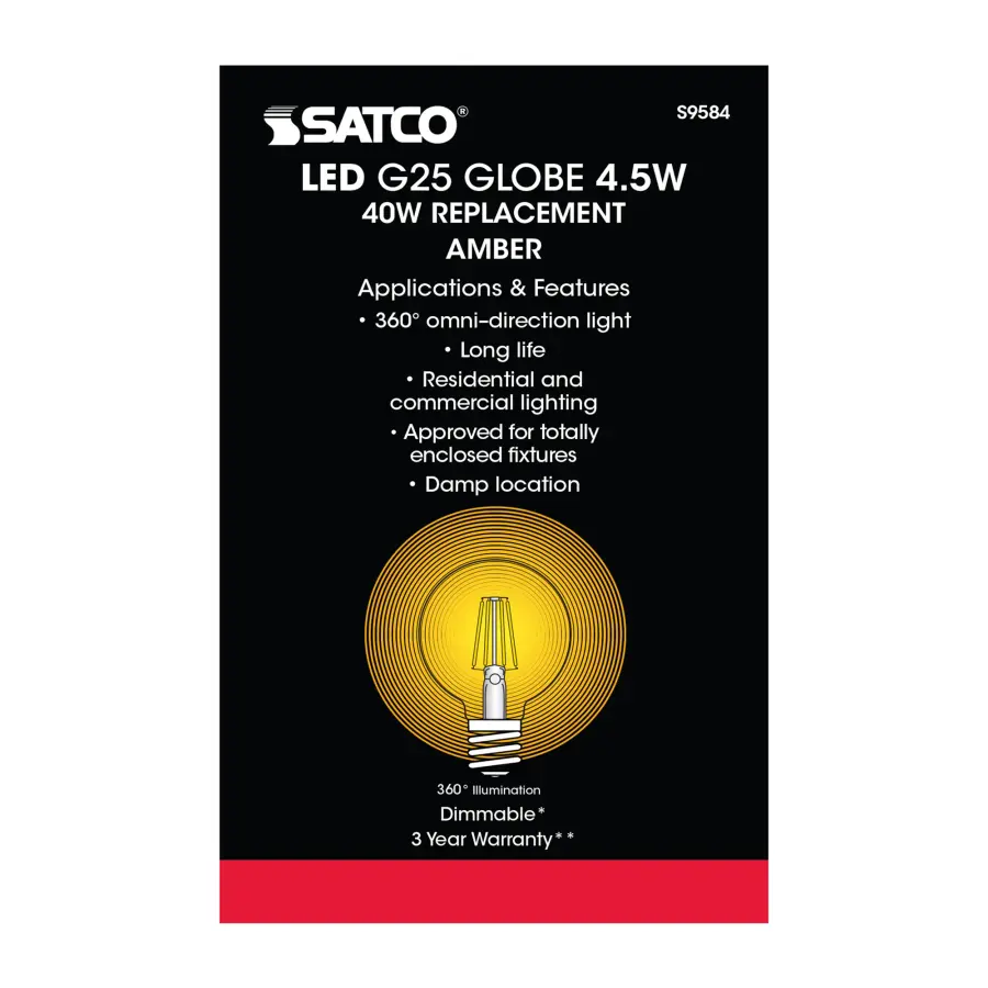 4.5 Watt G25 LED Filament - Amber - Medium base - 2000K - 380 Lumens - 120 Volt - Image 6