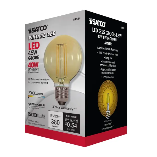 4.5 Watt G25 LED Filament - Amber - Medium base - 2000K - 380 Lumens - 120 Volt - Image 8