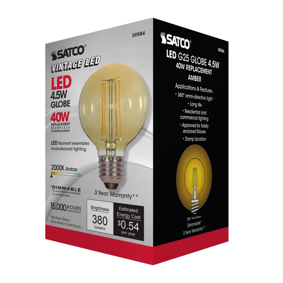 4.5 Watt G25 LED Filament - Amber - Medium base - 2000K - 380 Lumens - 120 Volt - Image 8