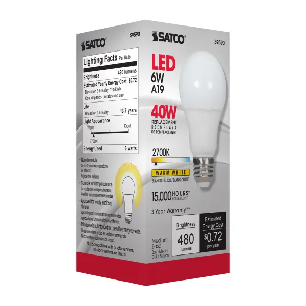 6 Watt - A19 LED - Frosted - 2700K Medium base - 220 deg. Beam Angle - 120 Volt - Non-Dimmable - Image 5