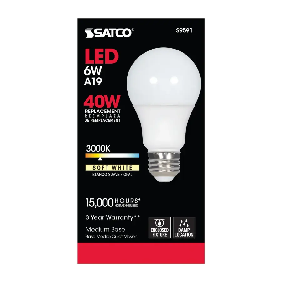 6 Watt - A19 LED - Frosted - 3000K Medium base - 220 deg. Beam Angle - 120 Volt - Non-Dimmable - Image 3