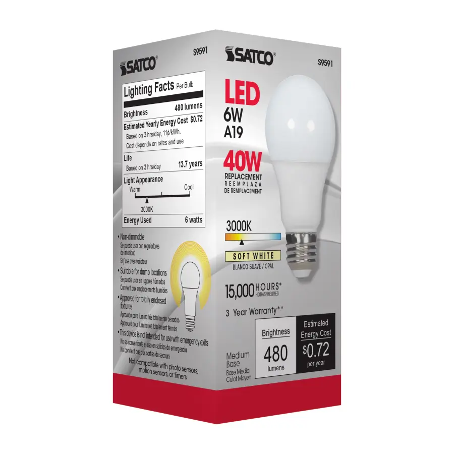 6 Watt - A19 LED - Frosted - 3000K Medium base - 220 deg. Beam Angle - 120 Volt - Non-Dimmable - Image 5