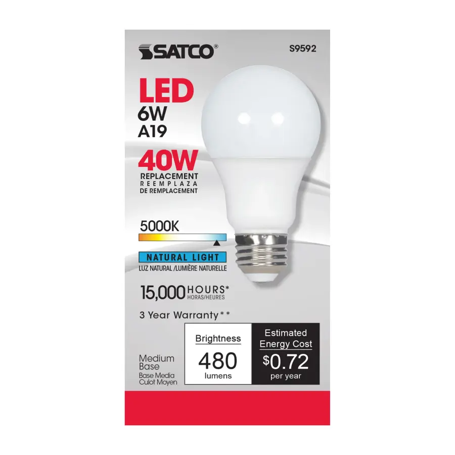 6 Watt - A19 LED - Frosted - 5000K Medium base - 220 deg. Beam Angle - 120 Volt - Non-Dimmable - Image 2