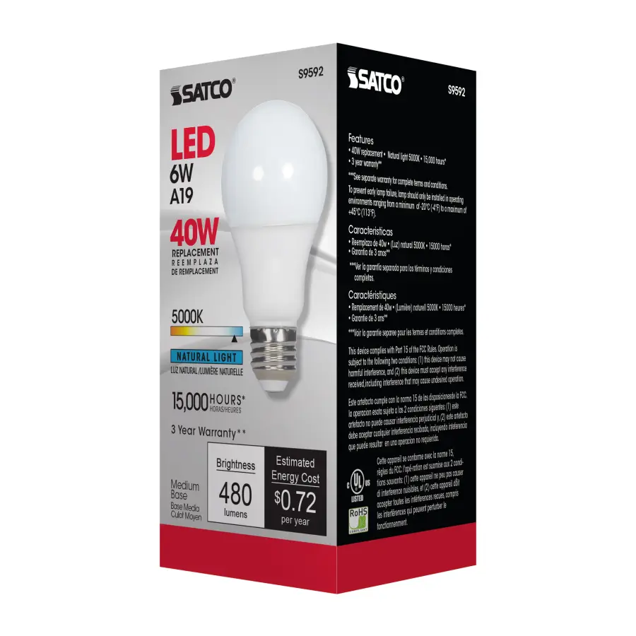 6 Watt - A19 LED - Frosted - 5000K Medium base - 220 deg. Beam Angle - 120 Volt - Non-Dimmable - Image 8