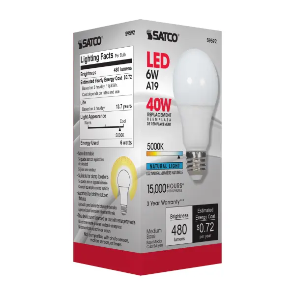 6 Watt - A19 LED - Frosted - 5000K Medium base - 220 deg. Beam Angle - 120 Volt - Non-Dimmable - Image 9