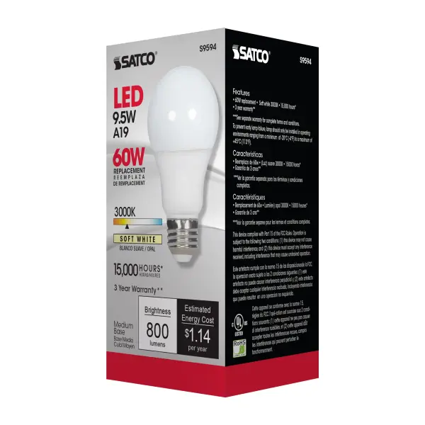 9.5 Watt - A19 LED - Frosted - 3000K Medium base - 220 deg. Beam Angle - 120 Volt - Non-Dimmable - Image 8